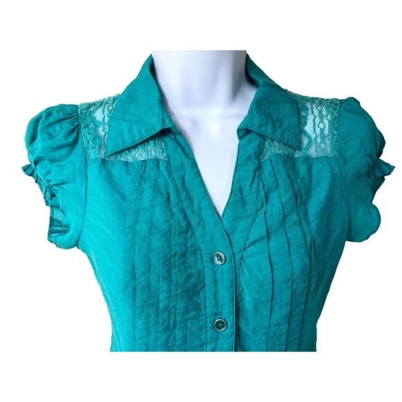 Cotton Express Small  Green Short Sleeve Top V-Neck 24b - Picture 2 of 11